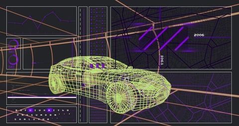 Neon wireframe car rotating over geospatial dashboard with telemetry and route panels