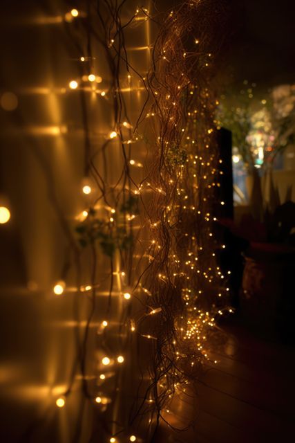 Close up of wall decorated with strings of fairy lights, created using generative ai technology. Lighting, interior design and home decor concept digitally generated image.