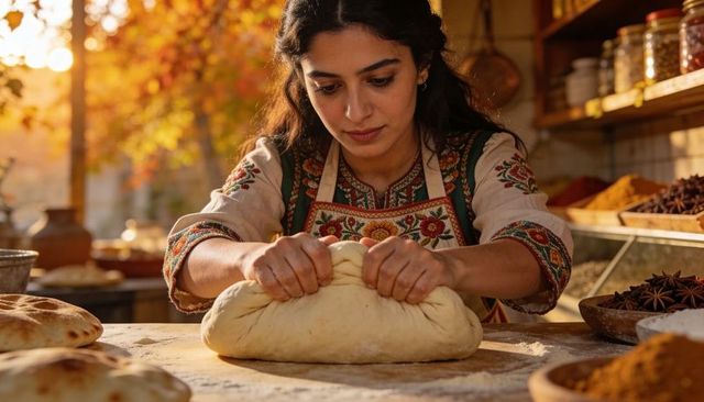 Woman kneading bread dough by hand in sunlit rustic kitchen wearing embroidered apron