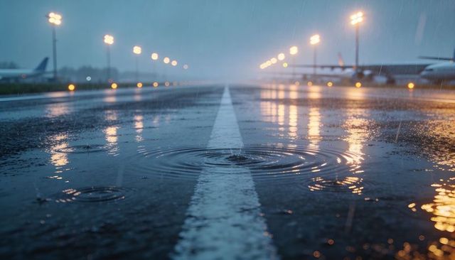 Rainy runway rippling and reflecting lights with parked airplanes at night
