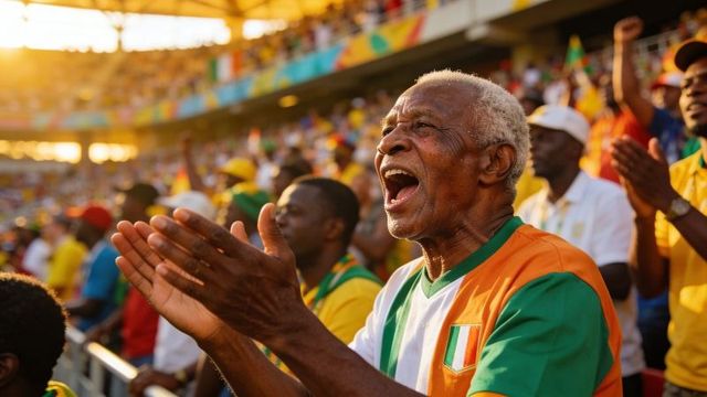 Senior fan cheering and clapping in sunlit stadium grandstand wearing team jersey