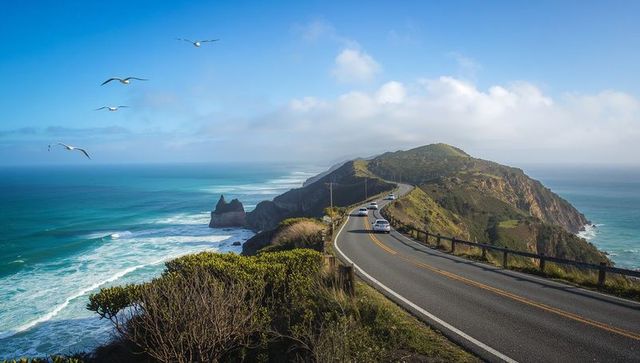 Winding coastal highway curving along rugged cliff, turquoise ocean and seabirds