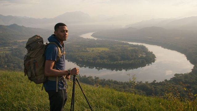 Backpacker standing on ridge overlooking meandering river bend at golden hour