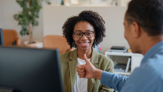 Smiling professional woman sitting at desk with colleague giving thumbs-up