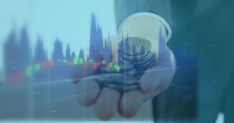 Hand holding coins with stock market candlestick charts representing investment growth