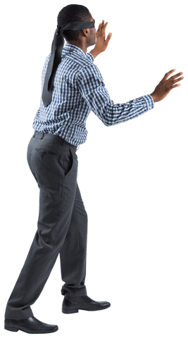 Blindfolded businessman reaching out transparent background