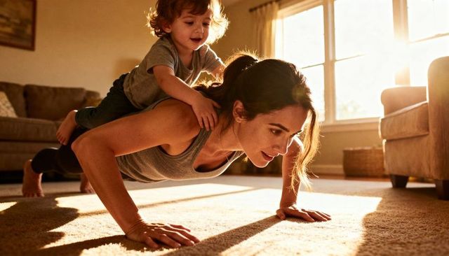 Mom doing push-ups with toddler on back in sunlit living room embracing family fitness