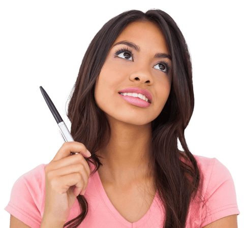 Thoughtful Woman Holding Pen on Transparent Background Pondering Ideas