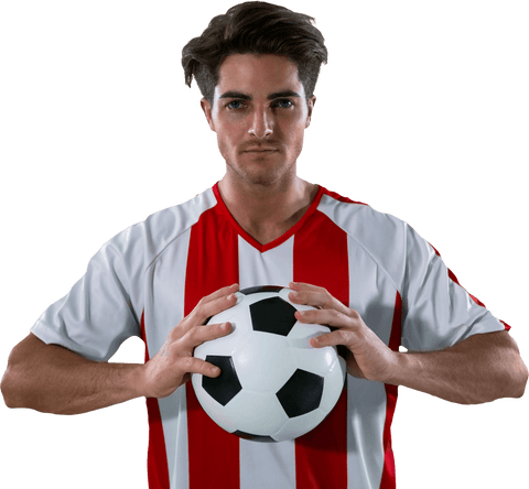 Confident football player holding ball in red and white stripes transparent