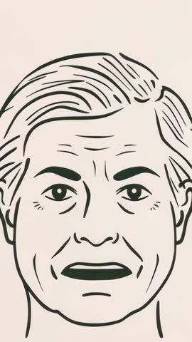 Vertical line-art video showing senior man opening mouth to speak on beige backdrop