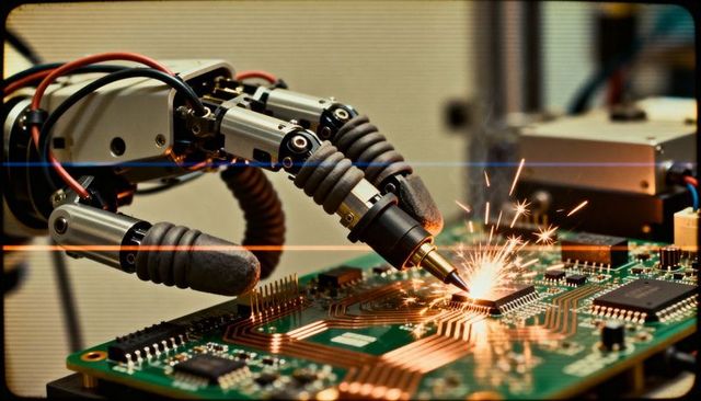 Robotic arm soldering pcb producing sparks during precision electronics assembly