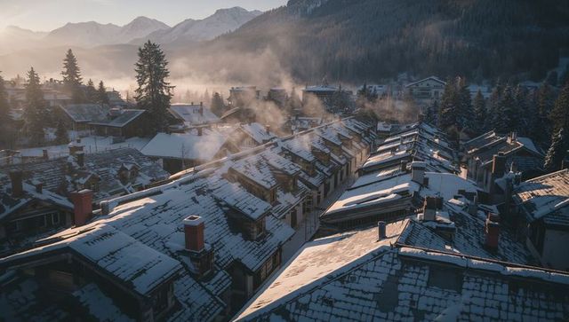 Snow-Dusted Alpine Rooftops at Dawn, Chimneys Emitting Smoke, Mountain Mist