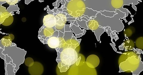 Abstract world map focusing on africa and nearby regions with yellow glowing data bokeh