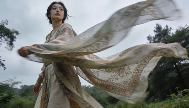 Ethereal woman twirling flowing paisley scarf and embroidered bohemian robe in misty meadow