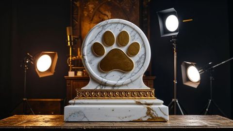 Luxurious marble trophy with gold paw print in artistic studio environment