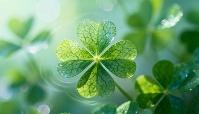 Backlit clover leaf macro with dew droplets, ripples, bokeh and translucent veins