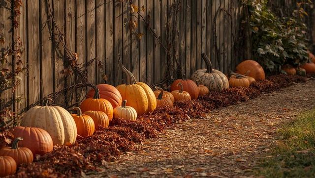 Rustic Autumnal Row of Pumpkins by Weathered Garden Fence