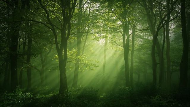 Sunbeams Filtering Through Misty Green Forest Canopy with Mossy Ferns and Fog
