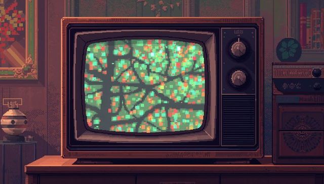 Vintage crt tv displaying mosaic tree silhouette in retro living room with pixelart decor