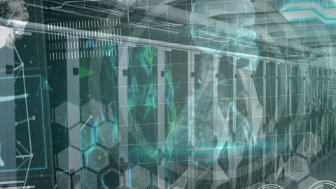 Futuristic Data Processing Overlay on High-Tech Server Room