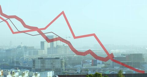 Red Falling Stock Graph Over Urban Skyline Indicating Decline - Download Free Stock Images Pikwizard.com