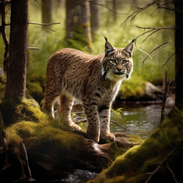 Close up of bobcat standing in forest, created using generative ai technology. Nature, animal and wildlife concept digitally generated image.