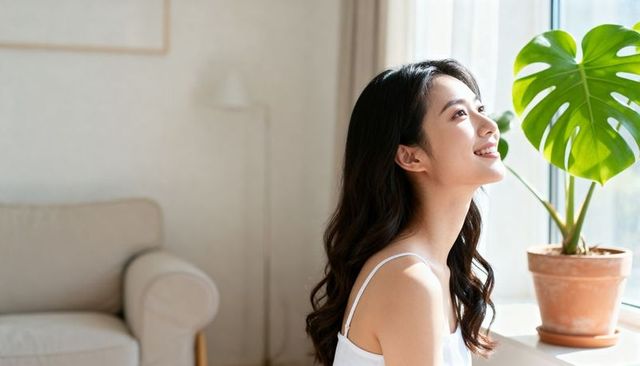 Sunlit asian woman smiling by window with monstera plant in cozy living room, morning calm