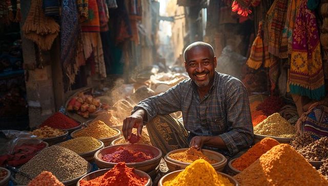 Smiling spice vendor handling turmeric and chili mounds at sunlit colorful bazaar alley