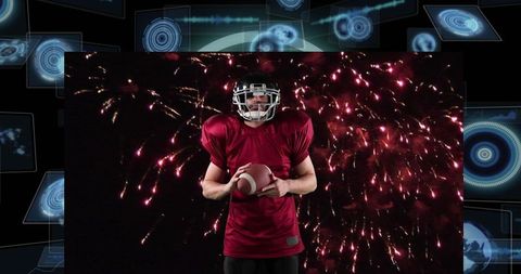 American Football Player Amidst Festive Fireworks and Digital Graphics