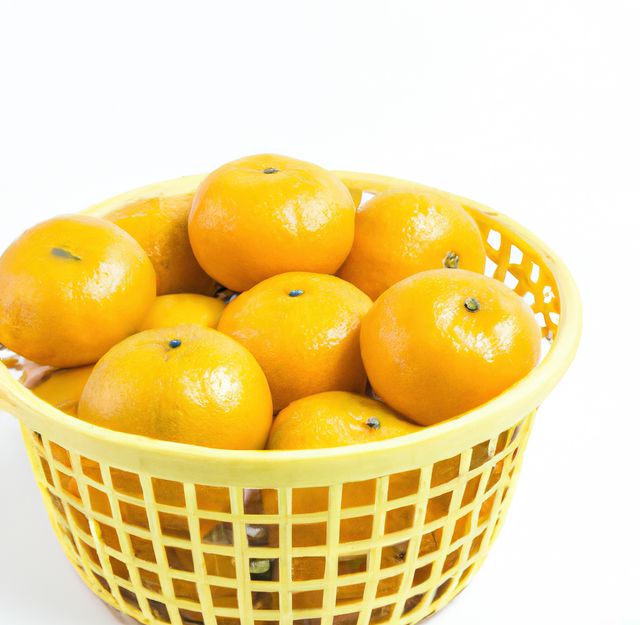 Image of close up of heap of oranges in yellow plastic bowl on white background. Orange fruit and colour concept.