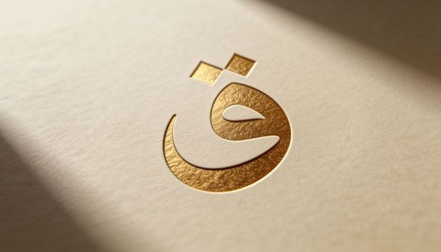 Embossed gold arabic letter qaf on cream paper foil closeup luxury calligraphy logo