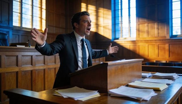 Passionate lawyer arguing at courtroom lectern gesturing during trial presentation