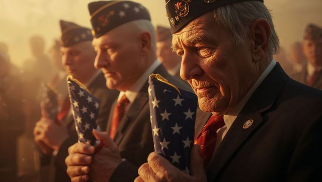 Veterans honoring fallen comrades at ceremony with american flags