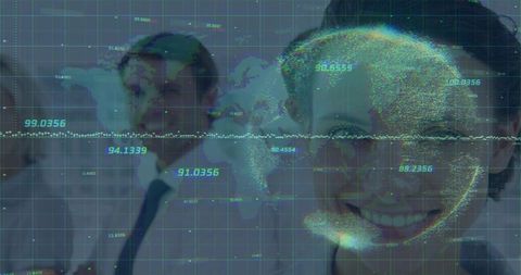 Smiling woman with glasses leading global analytics team, futuristic digital collaboration