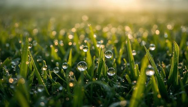 Sunlit morning dew macro on grass with crystal water droplets and bokeh