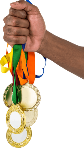 Hand Holding Gold Medals Celebrating Victory Transparent Background