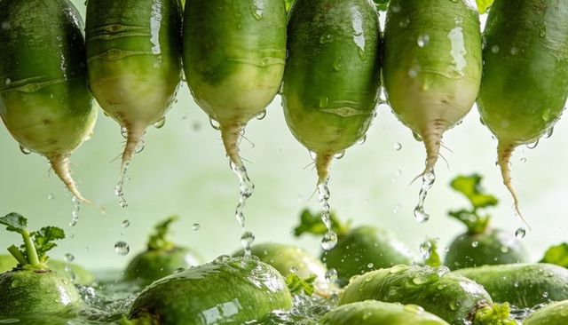 Green radishes dripping water creating glossy droplets and vibrant green reflections