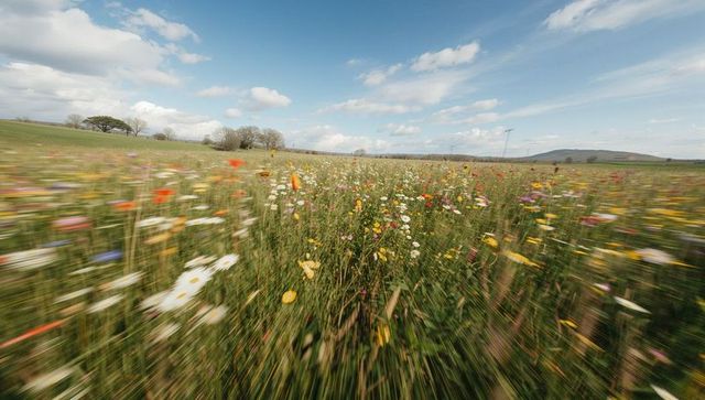 Wildflower meadow racing toward horizon with zoom blur motion, daisies, poppies, sky