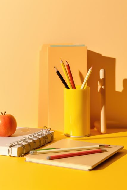 Close up of school items on yellow table, created using generative ai technology. Back to school, learning, creativity and education concept digitally generated image.