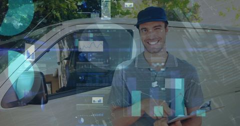 Digital Data Overlay on Delivery Man with Van Background