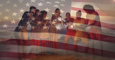 Group of Friends Celebrating with Sparklers and American Flag