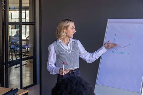 Confident Businesswoman Presenting Financial Growth to Team