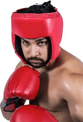 Muscular boxer in red gear on transparent background