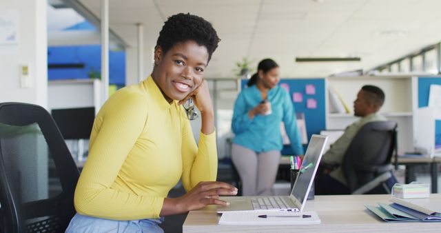Portrait of african american businesswoman using laptop at office, slow motion - Download Free Stock Photos Pikwizard.com