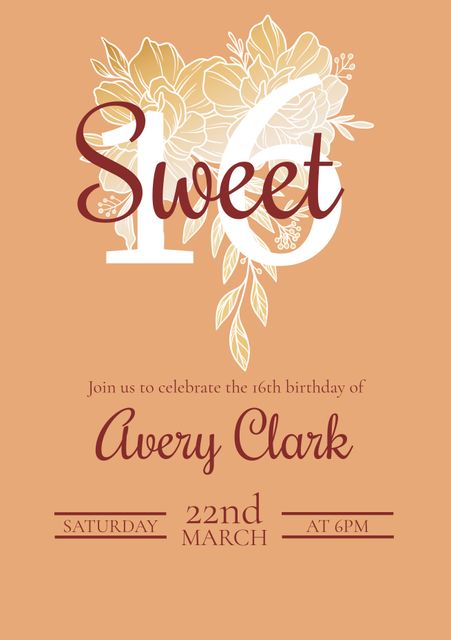 This elegant invitation design is perfect for a Sweet 16 celebration, featuring a sophisticated floral arrangement and chic typography. Ideal for sending invites to friends and family for a memorable birthday event. The decorative floral elements create a sense of luxury and joy suited to a milestone occasion, perfect for customizing with personal details and event information.