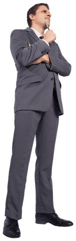 Transparent Thoughtful Businessman Holding Pen Looking Upward