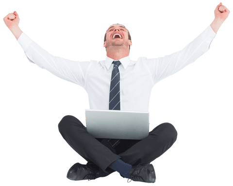 businessman cheering sat with laptop transparent background - Download Free Stock Videos Pikwizard.com