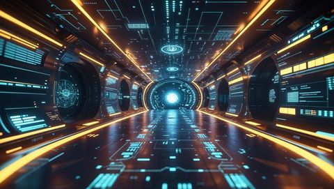 Futuristic led corridor with holographic displays and website portal