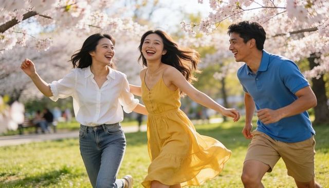 Joyful trio running and laughing under cherry blossoms in bright spring park
