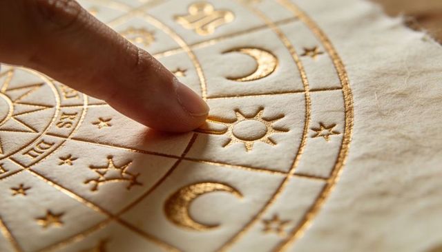 Pressing fingertip on embossed gold zodiac sun glyph on vellum astrological wheel